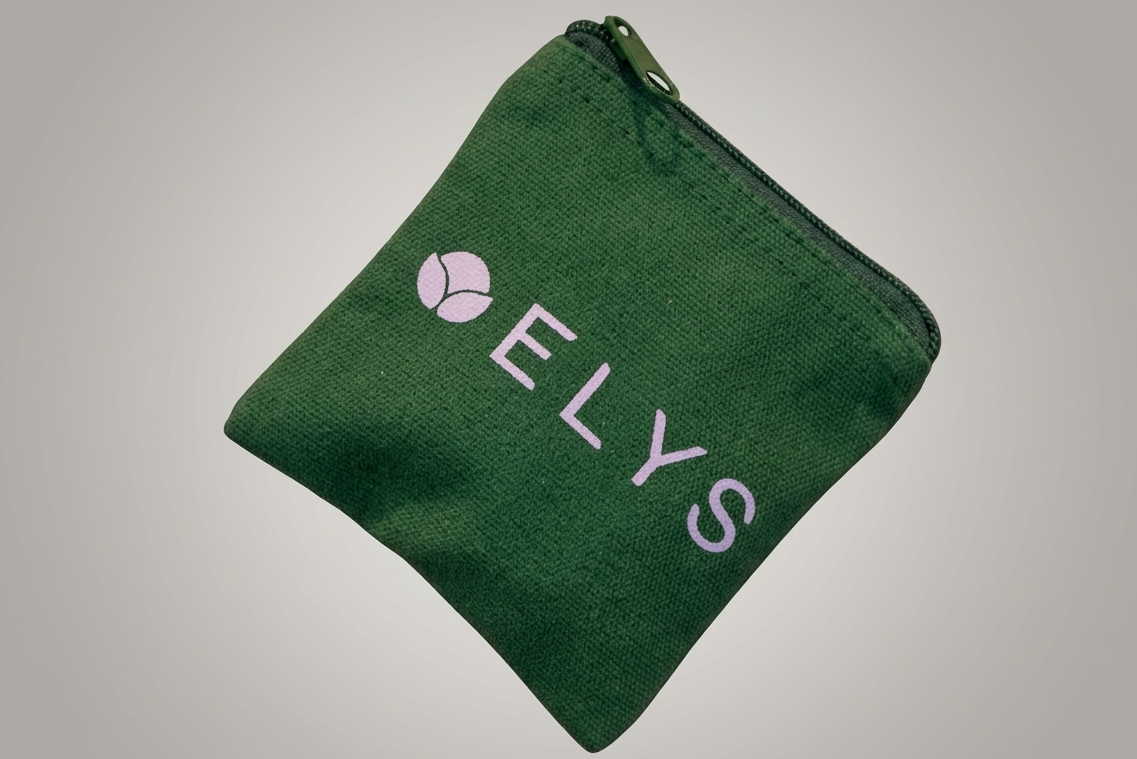 Green pouch with 'ELYS' branding on a gray background