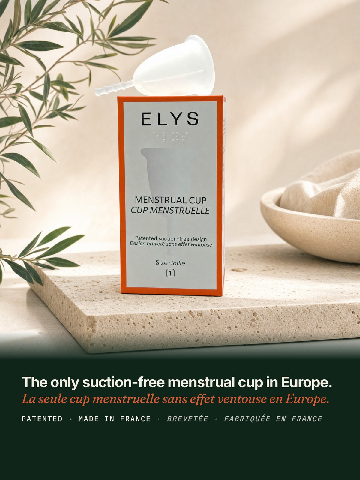 Elys suction-free menstrual cup on its box, patented design made in France
