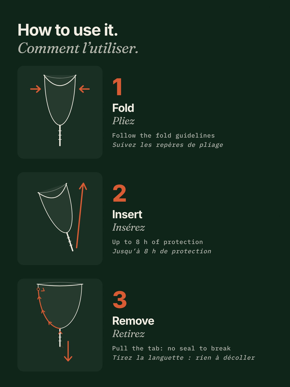 How to use the Elys cup: fold, insert, remove by pulling the tab