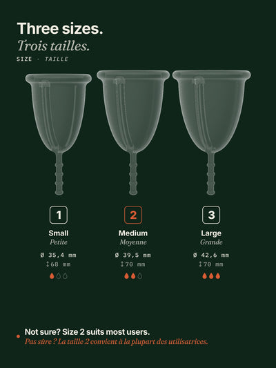 Elys cup sizes 1, 2 and 3 with diameters 35.4, 39.5 and 42.6 mm