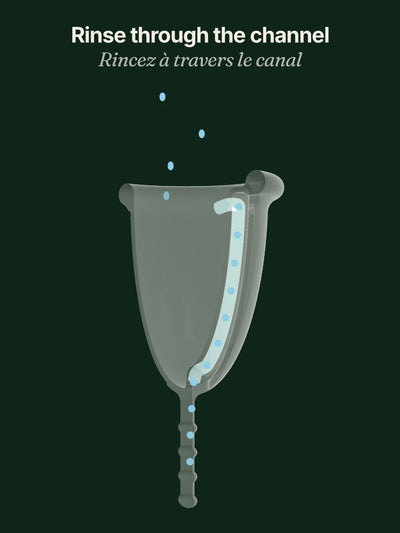 Rinsing the Elys cup: water runs through the air channel